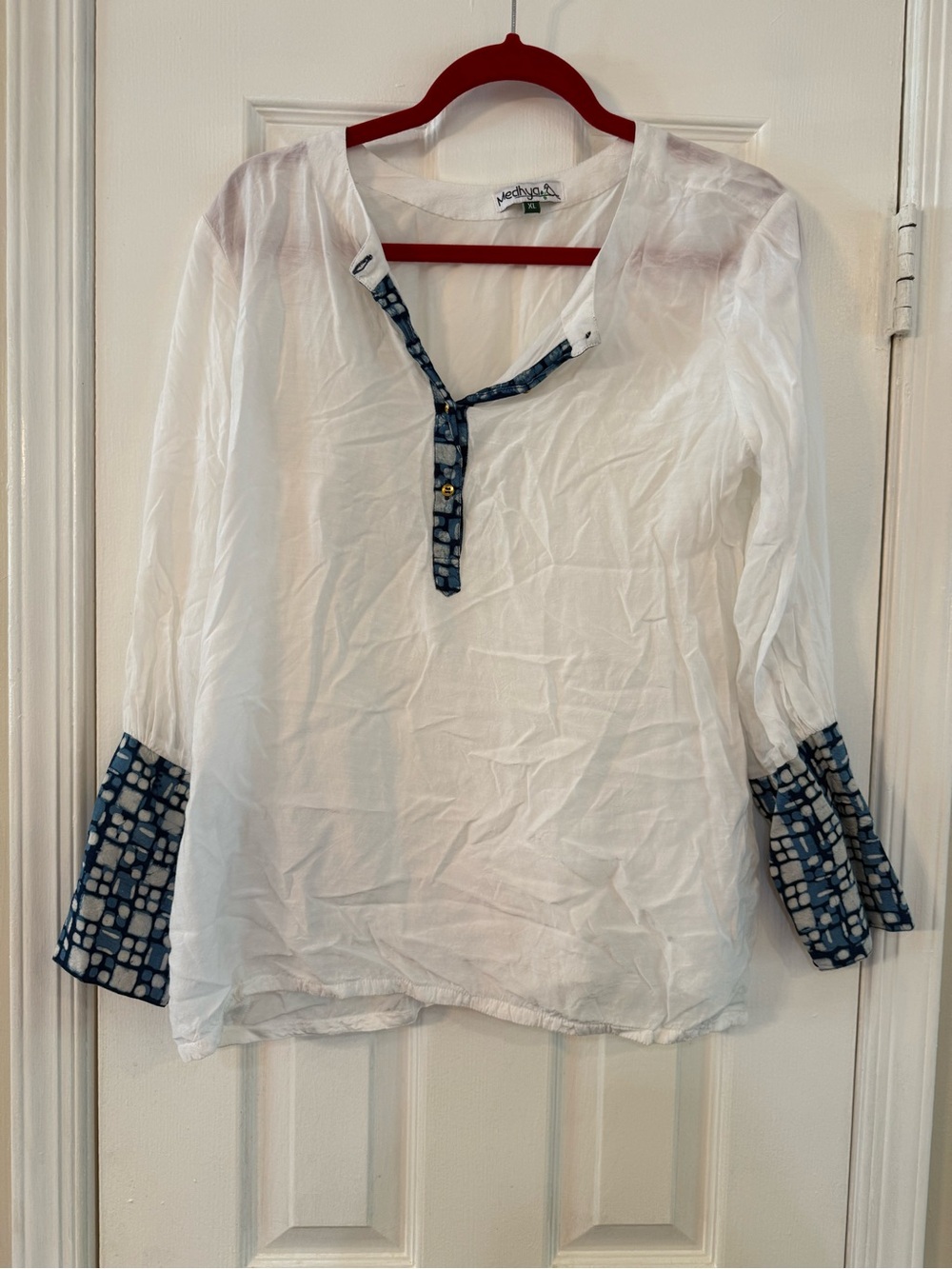White Blouse with Blue Geo-Trim